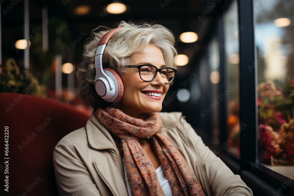 a beautiful and cheerful gray-haired woman in glasses, light clothes and headphones listens to music on the veranda or in the winter garden