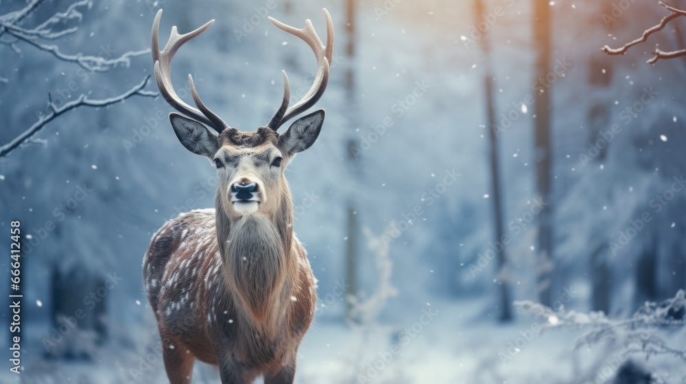 Male roe deer portrait in the winter forest. Animal in natural habitat. Wildlife scene. Snow fell on the trees. Male roe deer portrait in the winter forest. Animal in natural habitat. Wildlife scene. Snow fell on the trees.