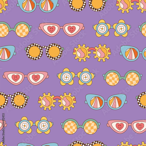 Sunglasses seamless pattern in retro groovy hippie style. Vector illustration 70s 80s