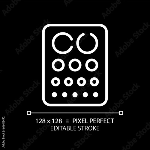 2D pixel perfect editable white eye chart icon, isolated vector, thin line illustration representing eye care.