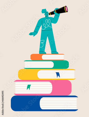 Woman stand on the books and holding telescope. Knowledge and vision for success concept. Colorful vector illustration