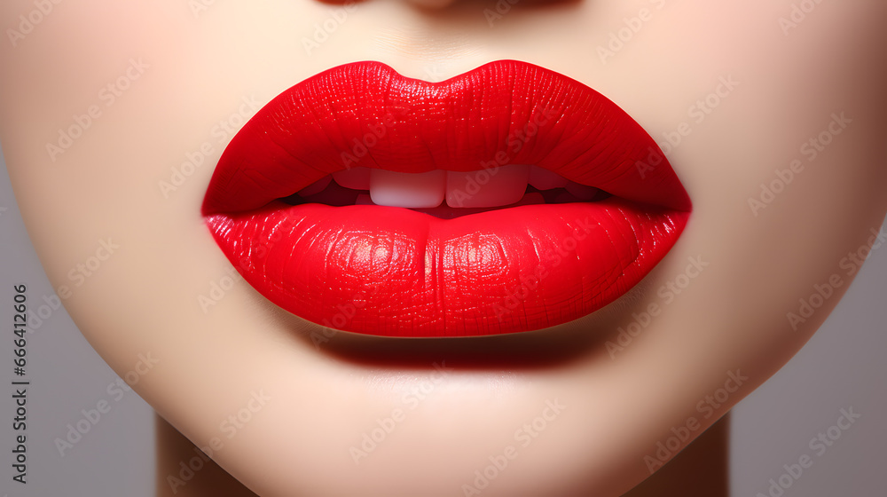 Obraz premium Bright Red Lips with Glossy Finish on a Neutral Background.