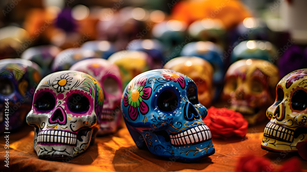 Colorful Sugar Skulls with Intricate Designs. depth and details, capturing the essence of Day of the Dead celebrations. Colorful Sugar Skulls with Intricate Designs. depth and details, capturing the essence of Day of the Dead celebrations.