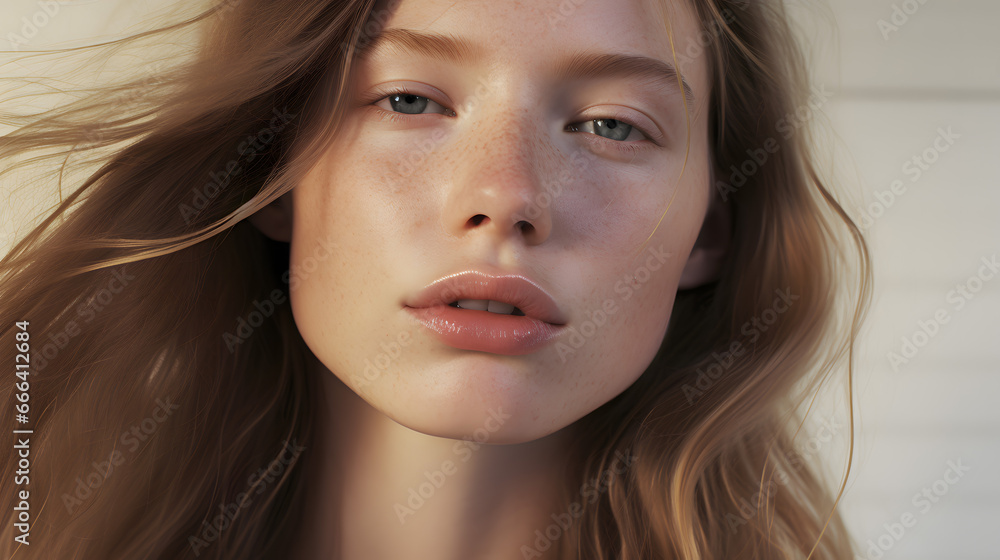 Close-Up Portrait of Young Woman with Freckles and Flowing Hair Against White Background Close-Up Portrait of Young Woman with Freckles and Flowing Hair Against White Background