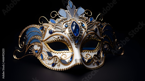 Elegant Venetian Mask with Gold Detailing and Blue Gemstones on a Dark Background.