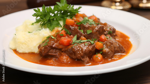 Braised Meat Stew with Carrots, Herbs, and Creamy Mashed Potatoes. Looks delish!