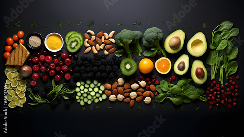 Assortment of Fresh Fruits, Vegetables, and Nuts on a Dark Background.