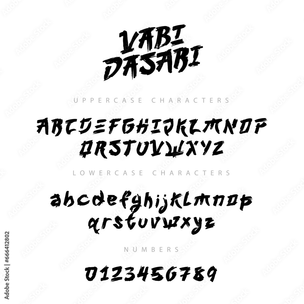 A unique Japanese-style font, hand-drawn with a brush. Lowercase and uppercase letters, and numbers. Lettering. Vector alphabet A unique Japanese-style font, hand-drawn with a brush. Lowercase and uppercase letters, and numbers. Lettering. Vector alphabet