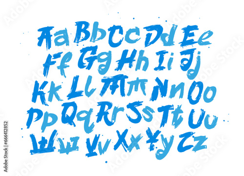 Blue vector alphabet on a white background. Uppercase and lowercase letters of the English alphabet, drawn by hand. Beautiful font inspired by Japan.