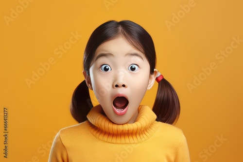 Portrait of surprised asian girl on bright colors studio backgroud, excitement and fascination, shocked and amazed kid with unexpected thing happen