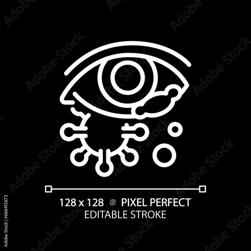 2D pixel perfect editable white eye infection icon, isolated vector, thin line illustration representing eye care.