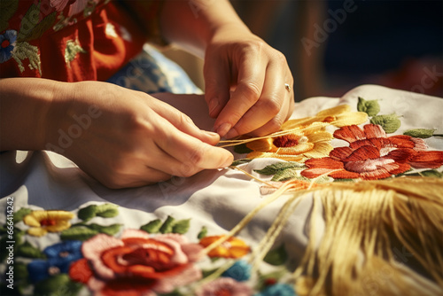 close-up of the hands of a master working on satin stitch embroidery. Modern ethnic folk embroidery, traditional embroidery . historical and national crafts.  photo