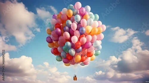Bouquet, bunch of balloons flying up in the sky