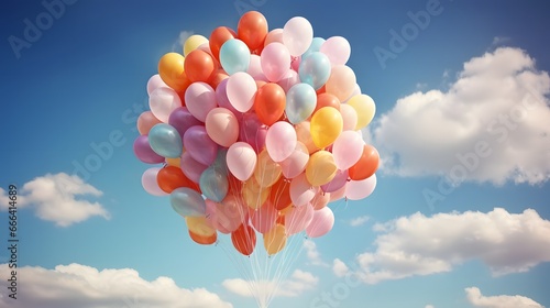 Bouquet, bunch of balloons flying up in the sky