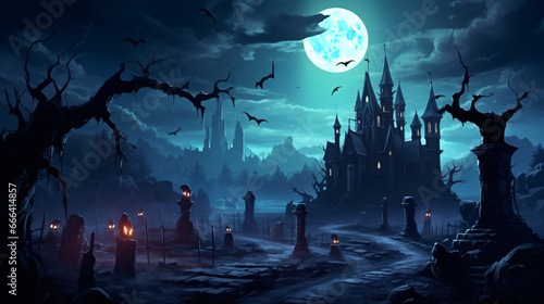 Halloween gloomy castle with full moon wallpaper © Noman