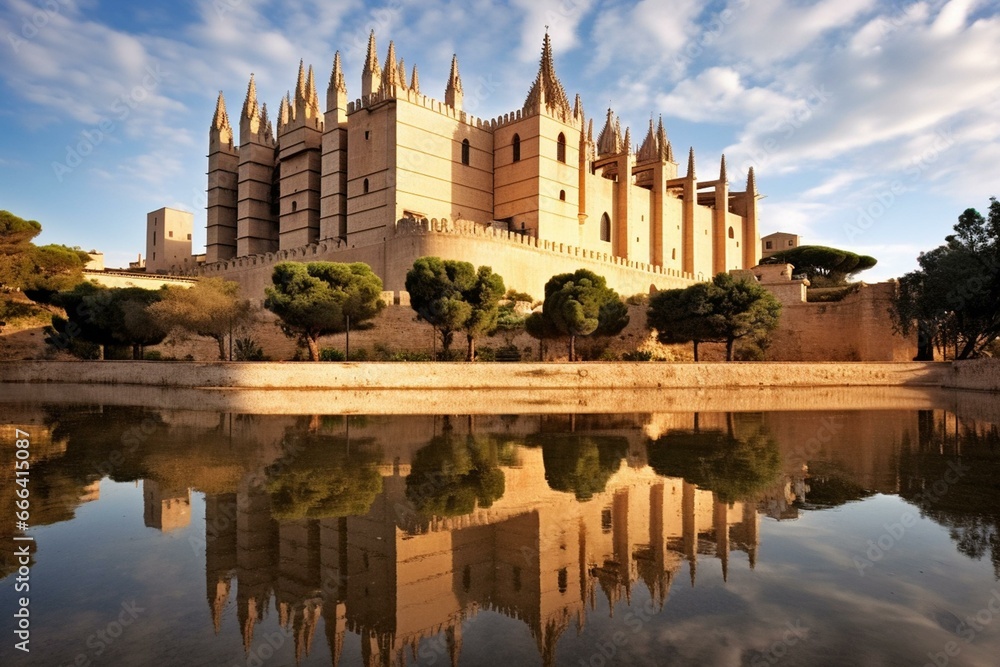Gothic Catalan castle in Palma, Mallorca, Balearic Islands, Spain. Generative AI - obrazy, fototapety, plakaty 