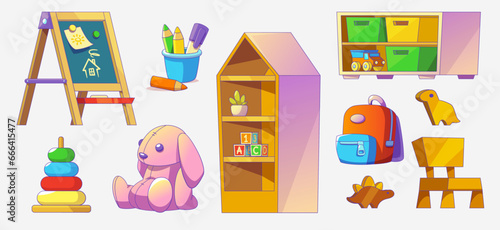 Kindergarten play room interior furniture and equipment for kids education and recreation activity. Cartoon set of preschool childcare - chalkboard and toys, rack and chair, stationery and backpack.