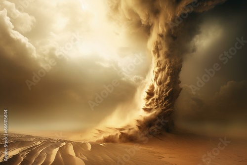 Illustration of a sandy desert dust column resembling a hurricane. A captivating and dangerous sandstorm in the sky portrayed through a 3D artwork rendering. Generative AI