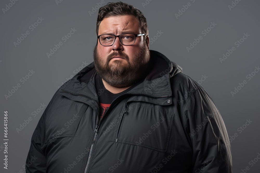 Depressed overweight man standing in modern studio, Portrait of tried chubby man Depressed overweight man standing in modern studio, Portrait of tried chubby man