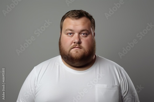 Depressed overweight man standing in modern studio, Portrait of tried chubby man © CYBERUSS