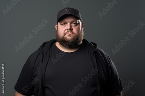 Depressed overweight man standing in modern studio, Portrait of tried chubby man