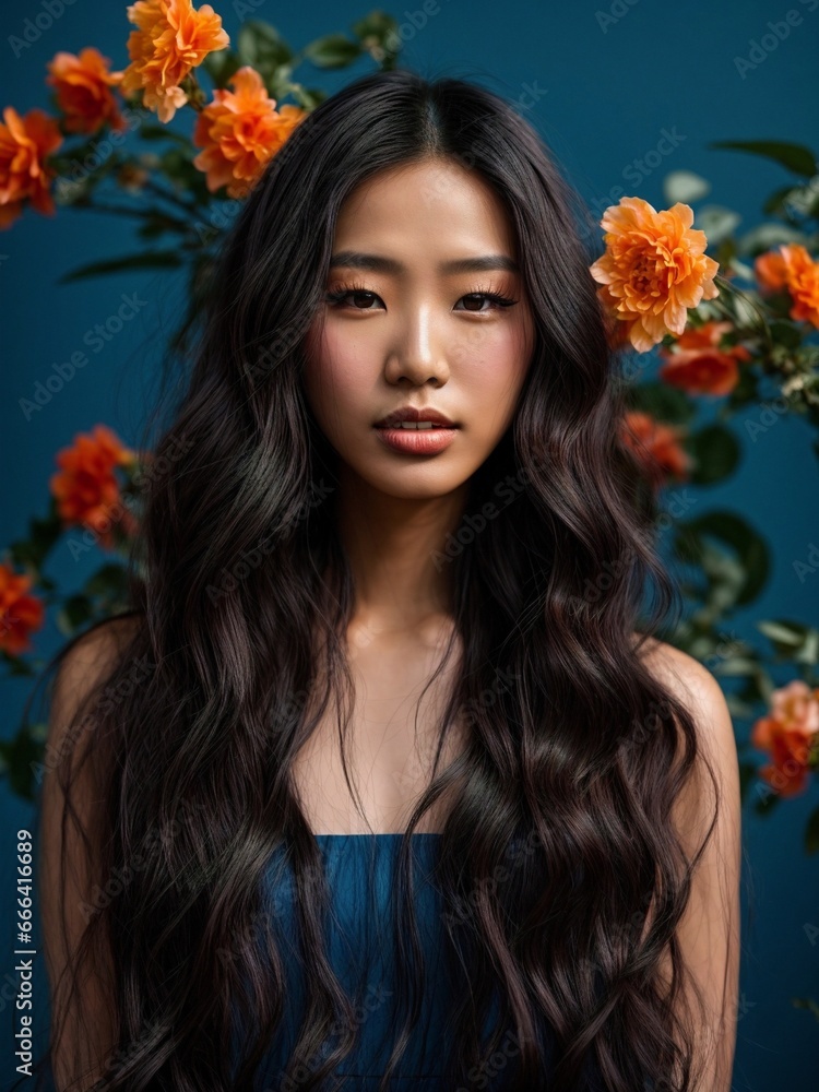 Russian Japanese woman in blue flower photography studio Russian Japanese woman in blue flower photography studio