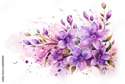 Beautiful purple flowers isolated on white, floral card, watercolor illustration generated by AI