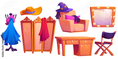 Theater makeup mirror clipart for backstage room. Actor dressing interior vector set with bulb lamp, folding screen, wizard hat and chair isolated element collection. Vintage cloakroom furniture