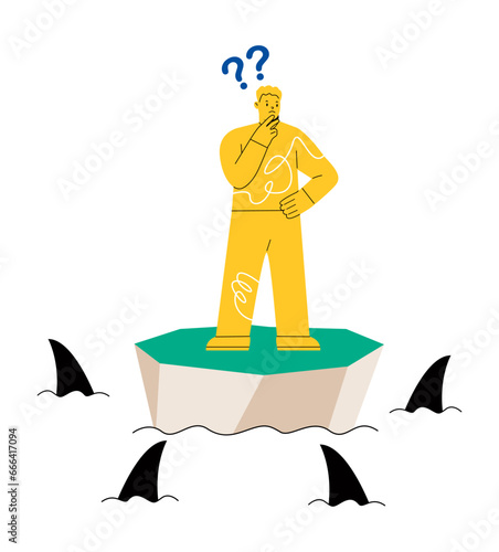 Man standing on a small island which surrounded by sharks. Risk concept. Colorful vector illustration