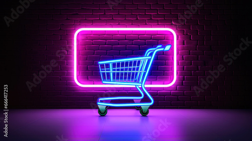 Neon supermarket shopping cart trolley for on brick wall background for sale and online shopping concept.