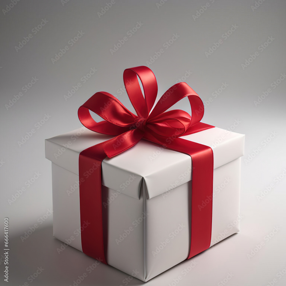 Obraz premium White gift box with red bow on grey background. 3d illustration.