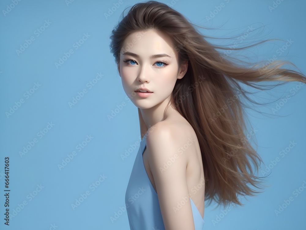 Russian Japanese woman in blue flower photography studio Russian Japanese woman in blue flower photography studio