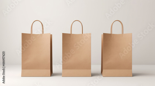 Mock-up of recycled shopping bag. Blank paper bag template on backdrop. Copy space.