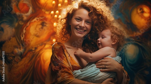 young attractive mother is holding his laughing baby on the chest, 16:9, copy space