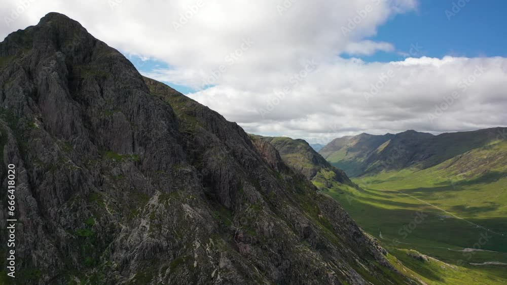 A drone shot of Buachaille Etive Mor mountain in Glencoe, Scotland, United Kingdom. Landscape of Scotland. A drone shot of Buachaille Etive Mor mountain in Glencoe, Scotland, United Kingdom. Landscape of Scotland.