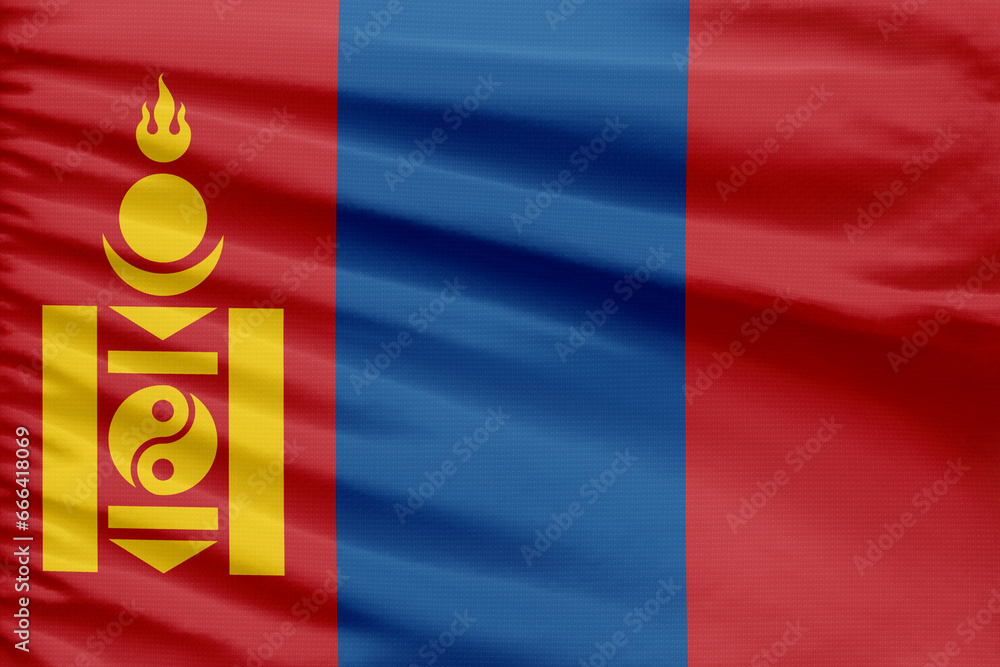 Mongolia flag background is depicted on a sport stitch cloth fabric with folds. Mongolia flag background is depicted on a sport stitch cloth fabric with folds.