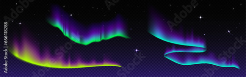 Aurora borealis and stars in night sky. Vector realistic illustration of polar light effects with green, yellow and blue color gradient, starlight sparkling in darkness, north pole natural phenomenon