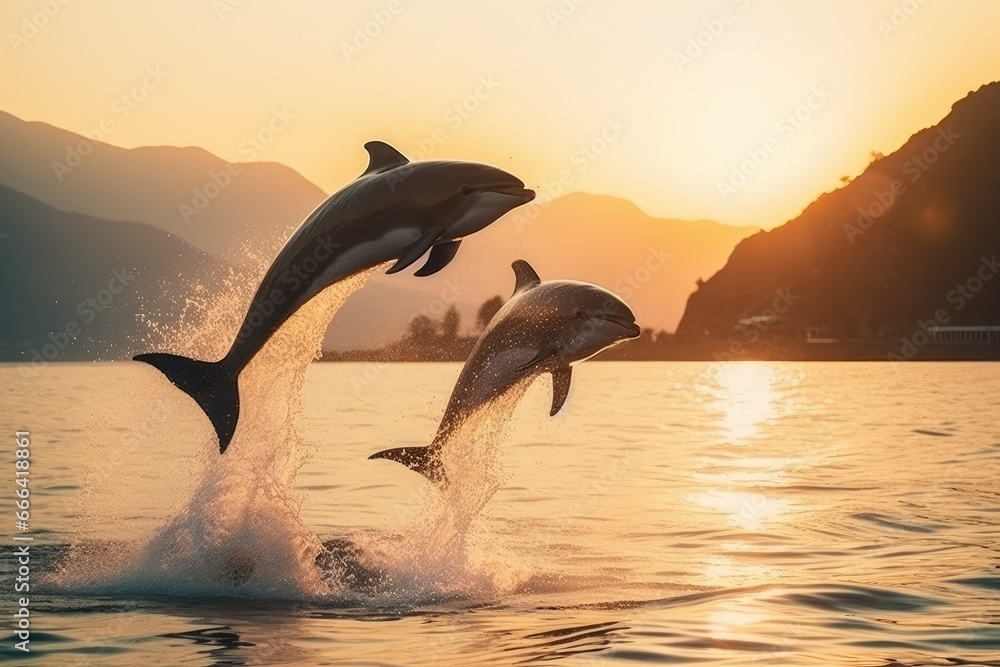Fototapeta premium Dolphin jump in the blue sea in a picturesque place