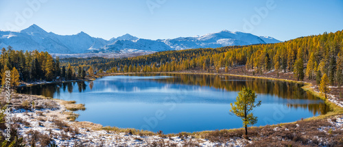 Panoramic view of idyllic Kidelu lake and mountains in Altai Republic, Siberia, Russia