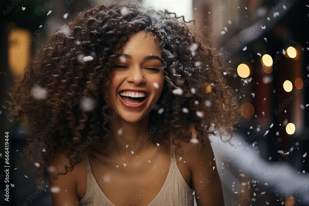 Joyful woman with curly hair enjoying snowflakes in a city with illuminated lights Joyful woman with curly hair enjoying snowflakes in a city with illuminated lights
