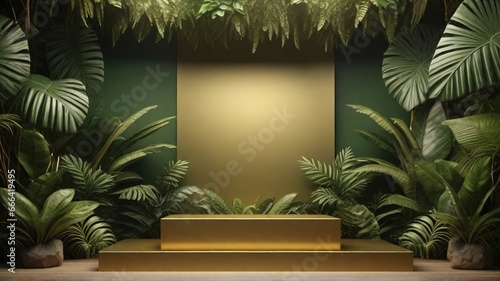 3D render of golden podium with tropical plants. Luxury product display.