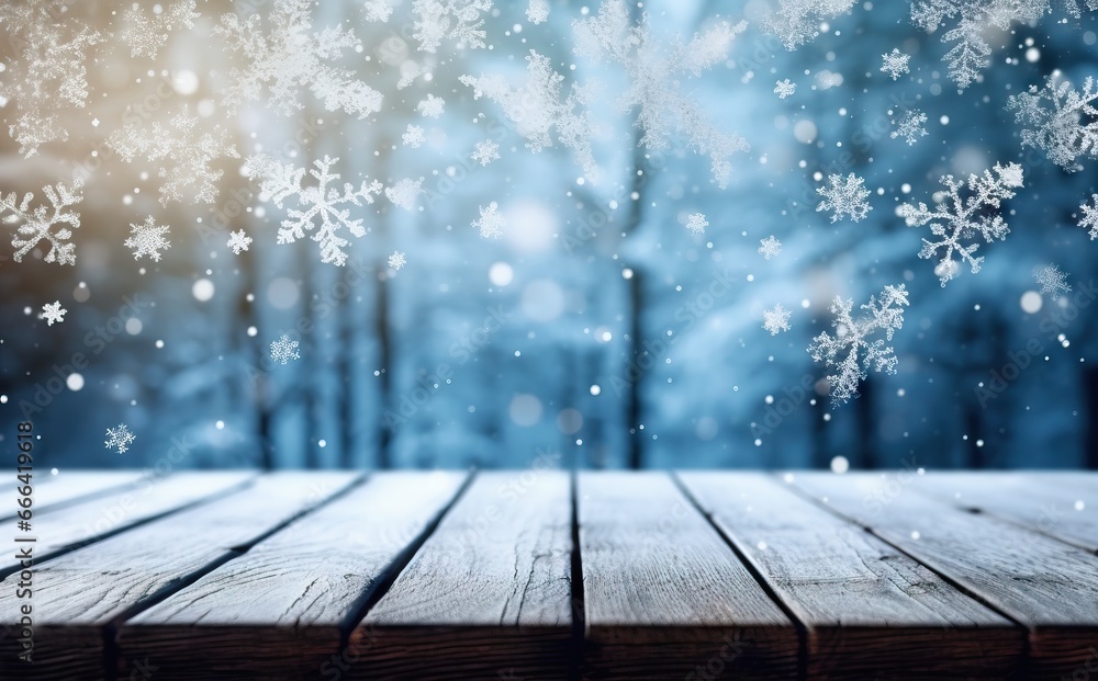 Christmas background with snowflakes on wooden table and bokeh Christmas background with snowflakes on wooden table and bokeh