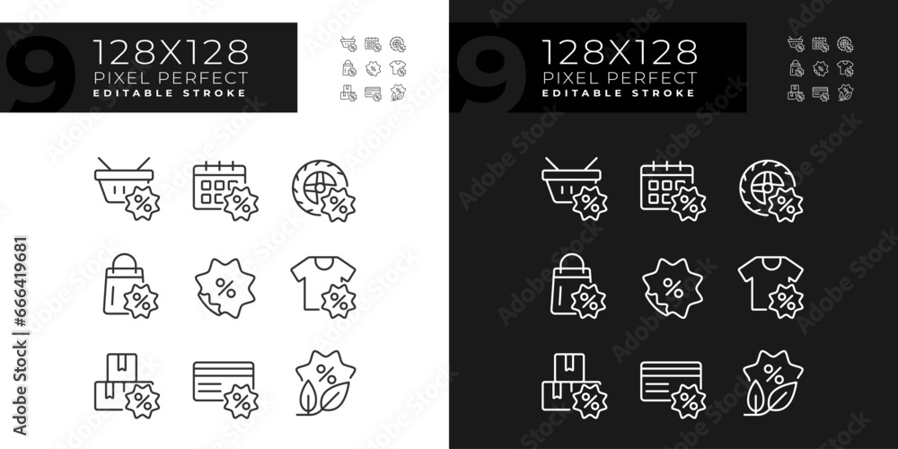 Pixel perfect dark and light icons representing discounts, customizable thin line illustration set.