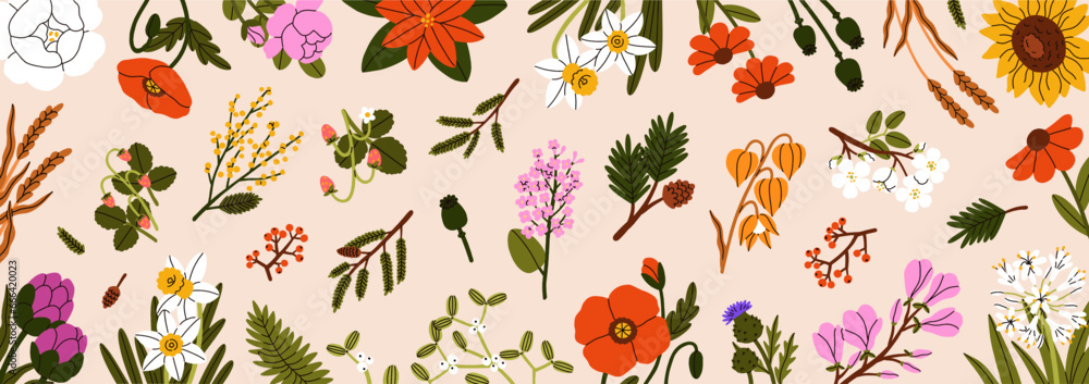 Flowers, botanical background. Blossomed floral plants, branches. Nature backdrop design, delicate gentle multicolored blooms, leaves. Beautiful wildflowers pattern. Colored flat vector illustration - obrazy, fototapety, plakaty 