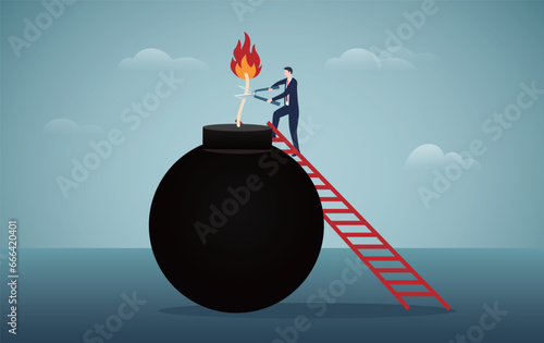 Man standing on the ladder, holding scissors to cut the burning bomb fuse to relieve the crisis
