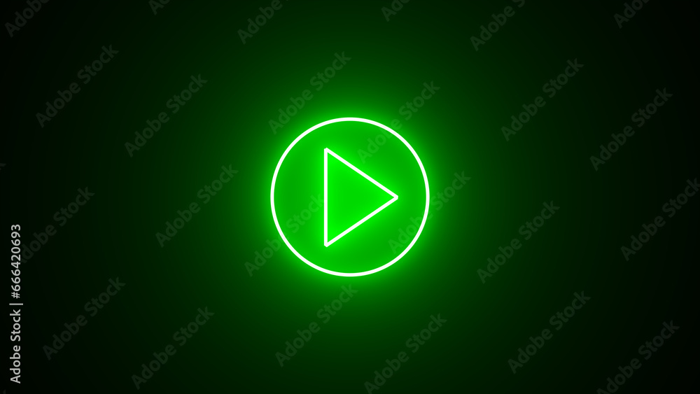 green color play button on black background. Start button. Neon glowing play button. Neon glowing play button with neon circle. - obrazy, fototapety, plakaty 