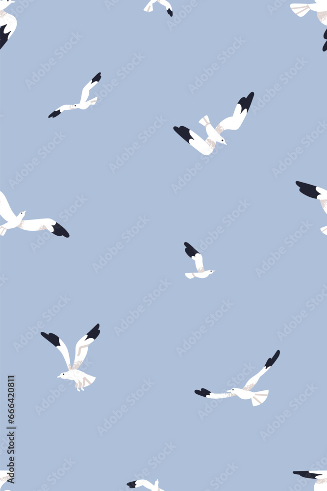 Obraz premium Seagulls, seamless pattern. Flying birds, endless background design, repeating print. Sea gulls fly, soar in blue sky. Printable flat vector illustration for textile, fabric, wallpaper, wrapping