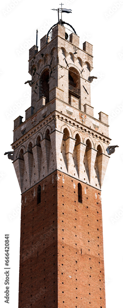 Close-up of Torre del Mangia (Tower of Mangia) in Piazza del Campo in Siena downtown, Tuscany, Italy, Europe. Isolated on white or transparent background, png.