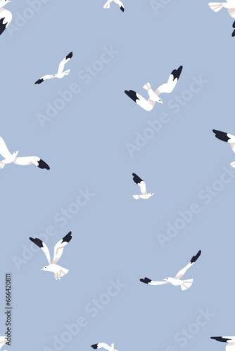 Seagulls, seamless pattern. Flying birds, endless background design, repeating print. Sea gulls fly, soar in blue sky. Printable flat vector illustration for textile, fabric, wallpaper, wrapping