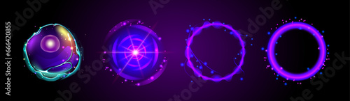Set of magic energy portals isolated on black background. Vector realistic illustration of abstract blue circles with bubble effect, sparkling star, scientific chain structure, glowing round frame